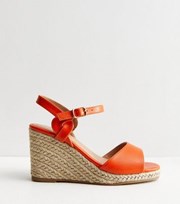 New Look Wide Fit Bright Orange Leather-Look Espadrille Wedges